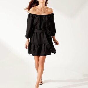 Tommy Bahama St. Lucia Off The Shoulder Linen Blend Boho Flowy Dress Black Large